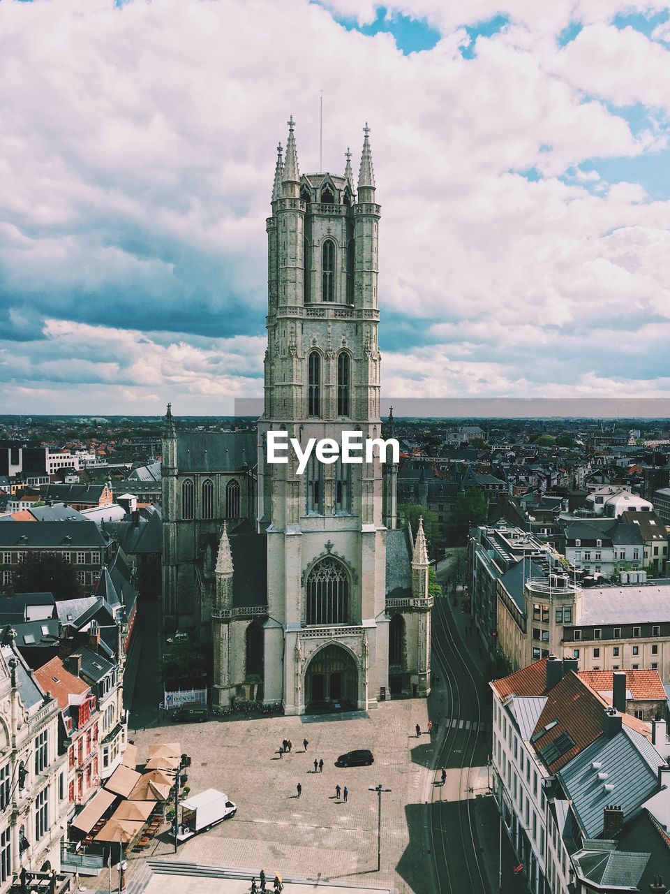 High angle view of townscape against sky in city