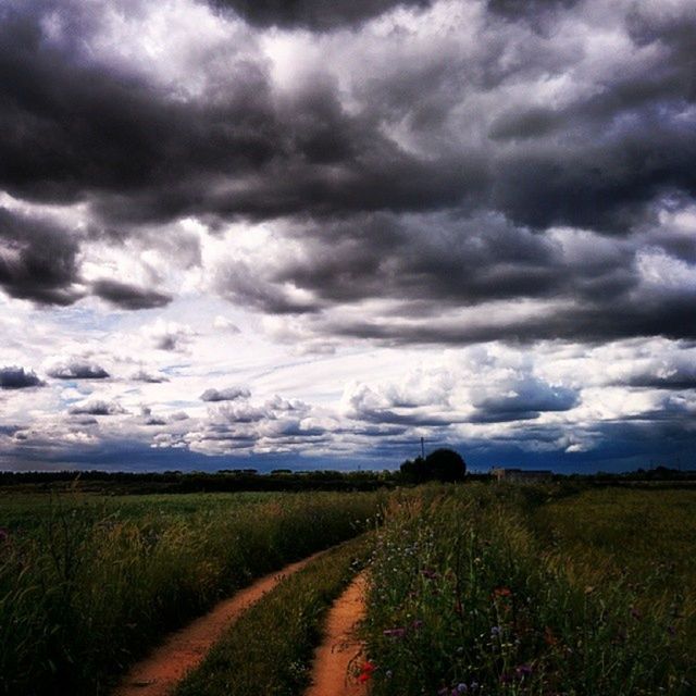 ROAD PASSING THROUGH FIELD AGAINST CLOUDY SKY