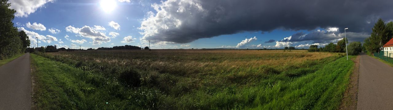 ROAD PASSING THROUGH GRASSY FIELD AGAINST CLOUDY SKY