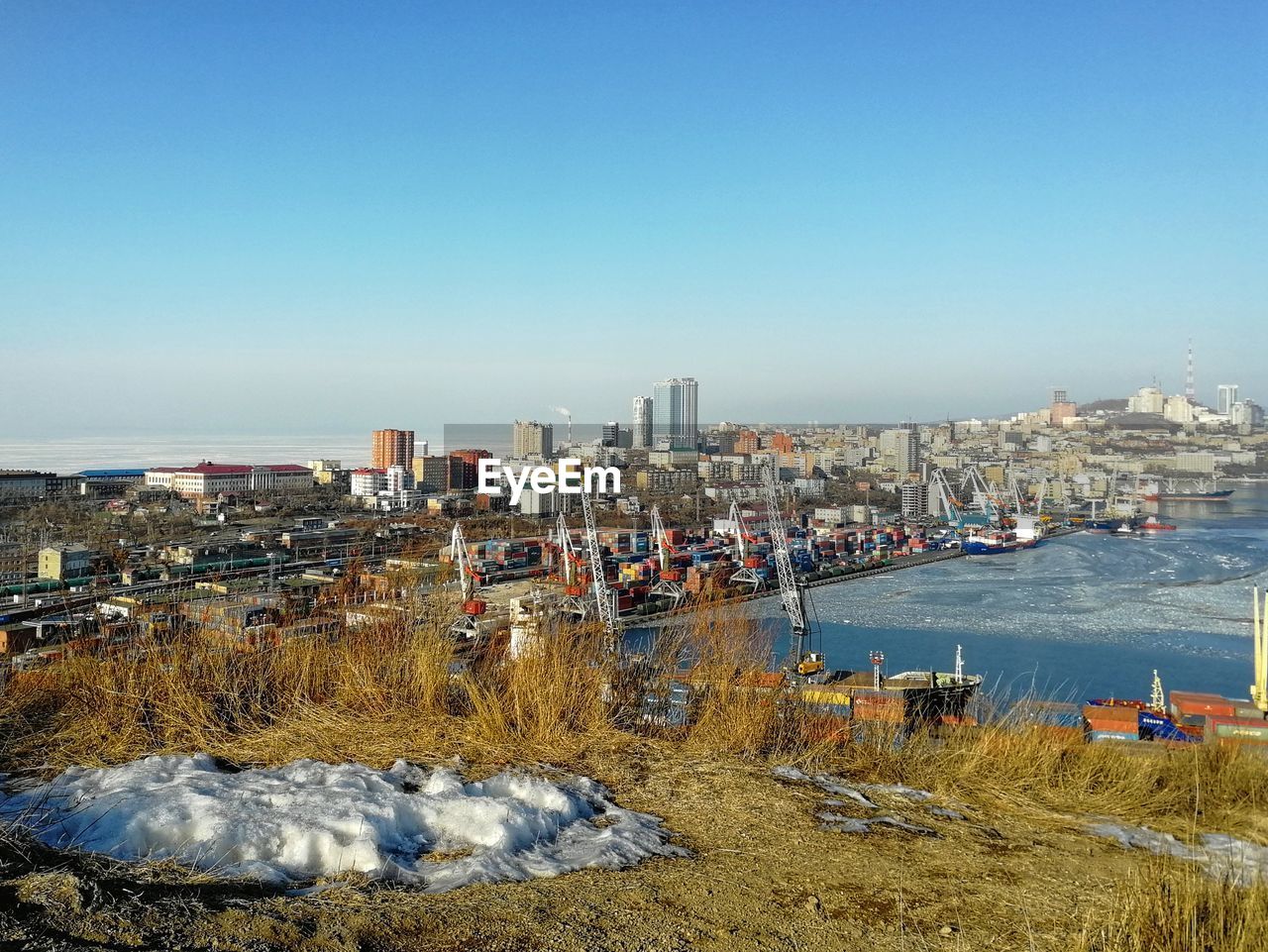 Winter cityscape with golden horn bay