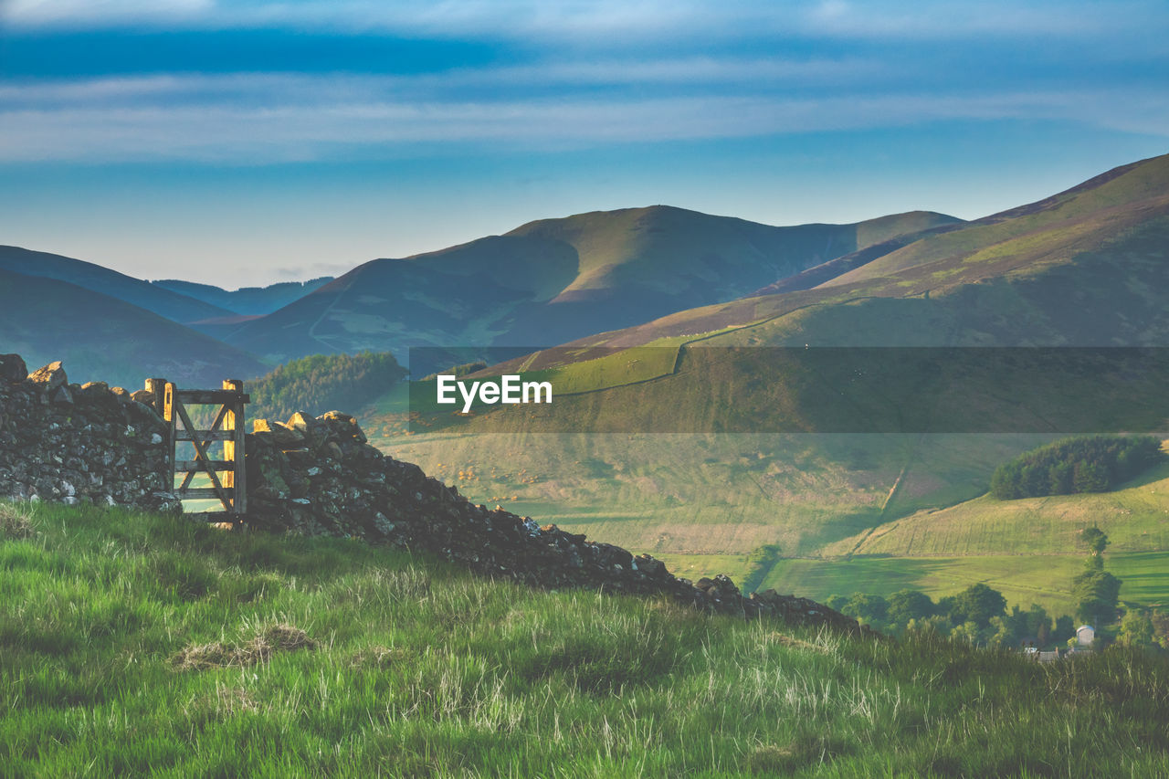 Traditional dry stone wall in the rolling scottish borders countryside