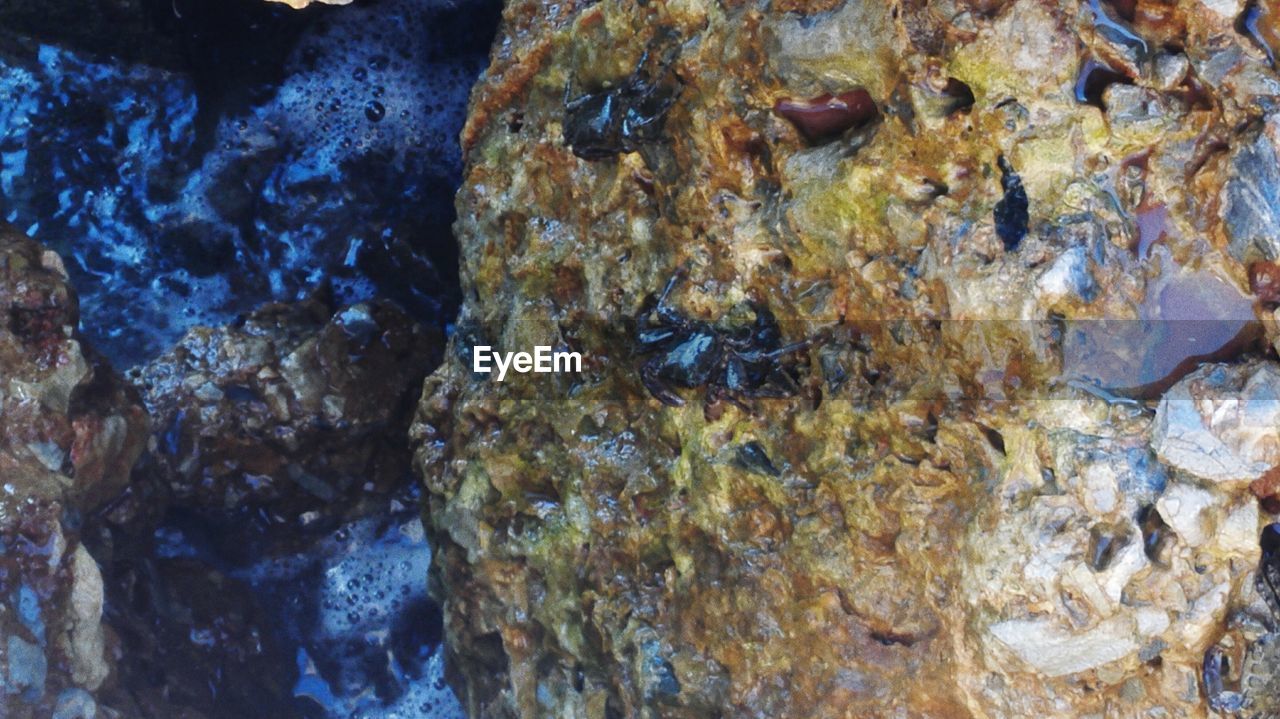 HIGH ANGLE VIEW OF ROCKS IN WATER