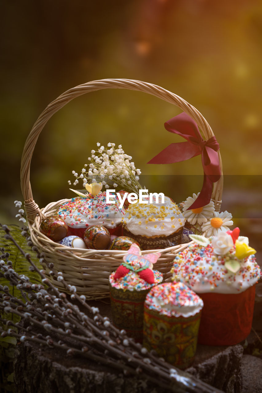 Close-up of cupcakes in basket