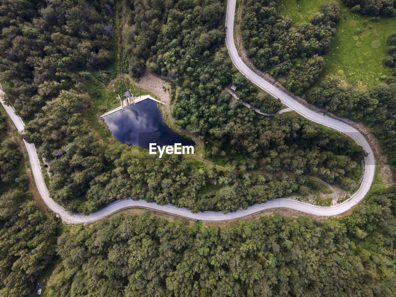 HIGH ANGLE VIEW OF ROAD ALONG TREES