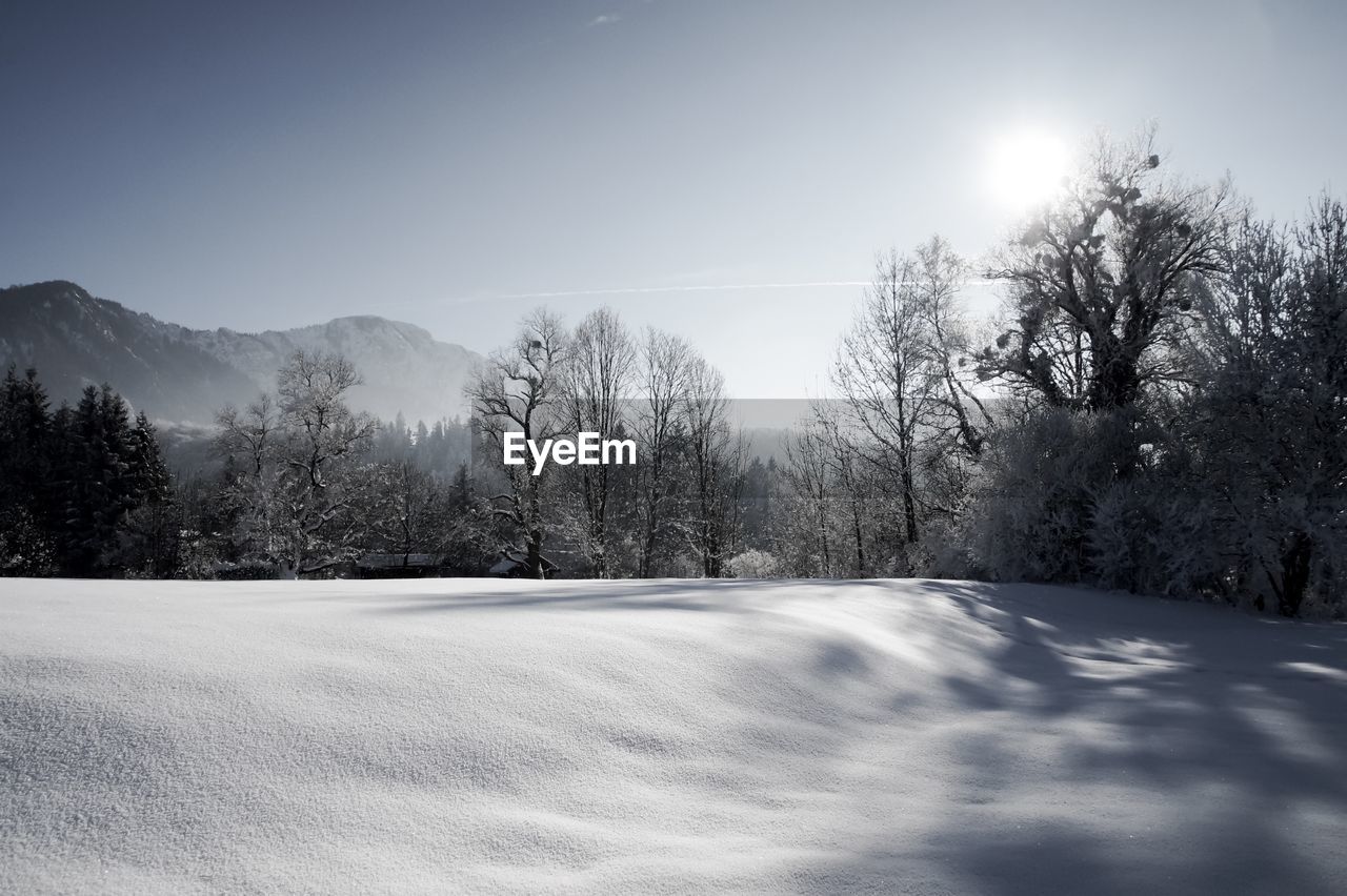 Scenic view of snow covered field against sky