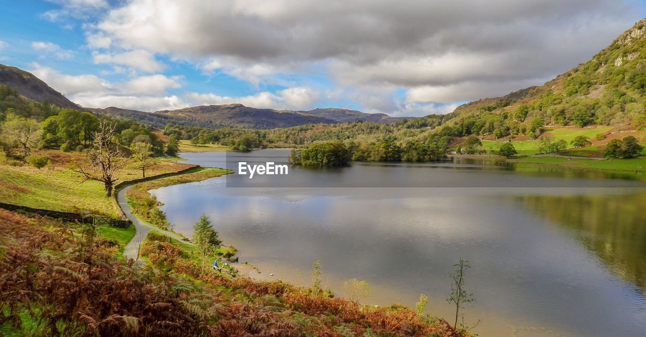 Scenic view of lake and mountains against sky