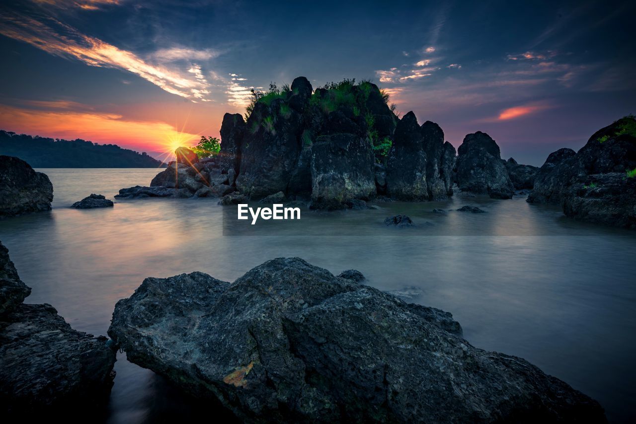 SCENIC VIEW OF ROCKS IN SEA AGAINST SKY