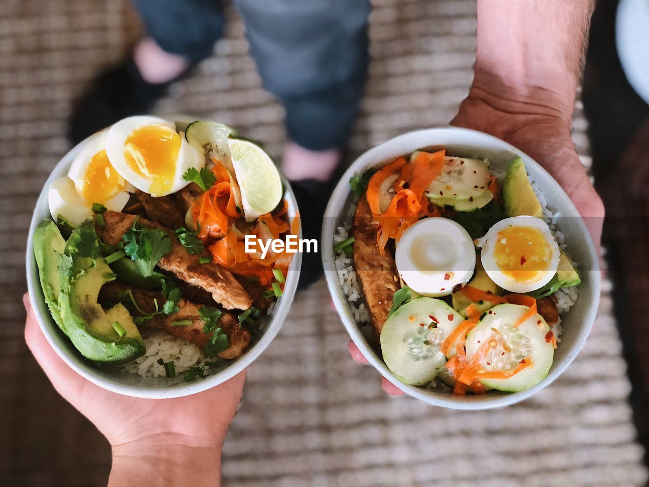 High angle view of people holding food