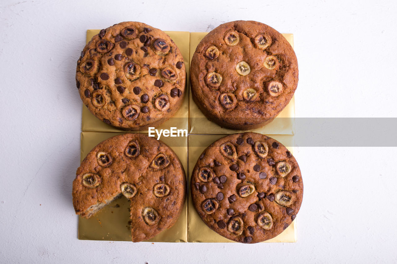 High angle view of banana cakes