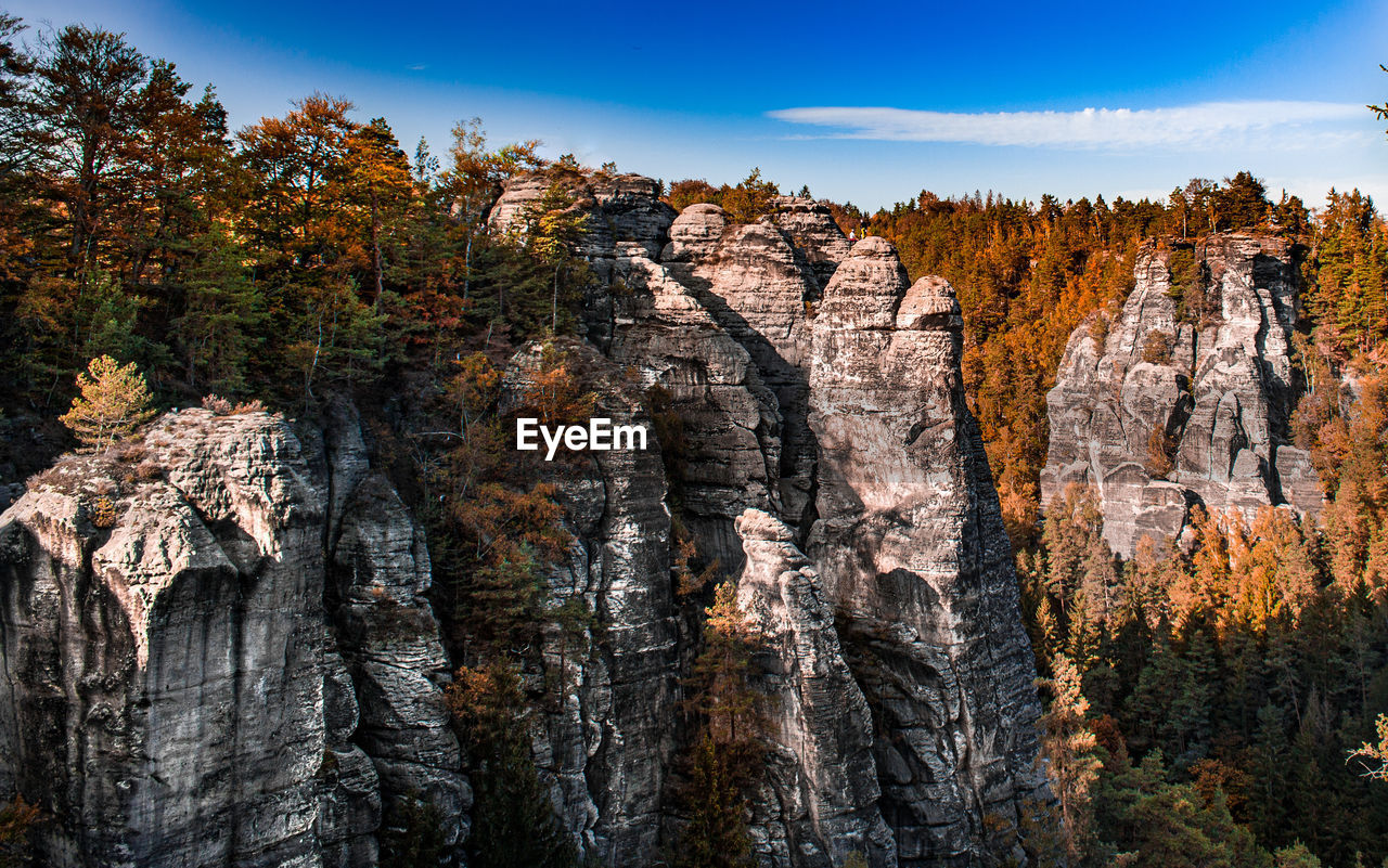 Panoramic view of rock formation amidst trees against sky