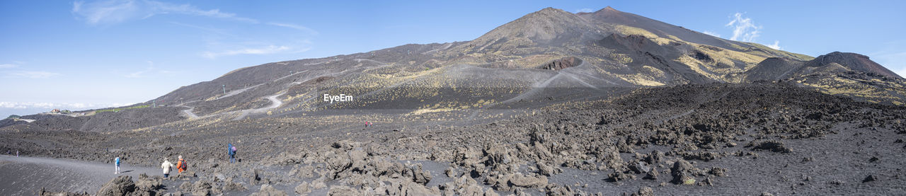 Extra wide angle view of the etna volcano with its craters, lava and lunar landscape