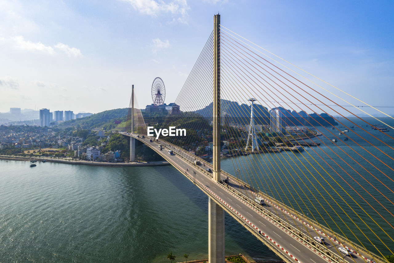 Bridge over river with city in background