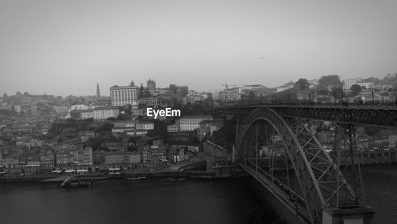 Bridge over river in city against clear sky