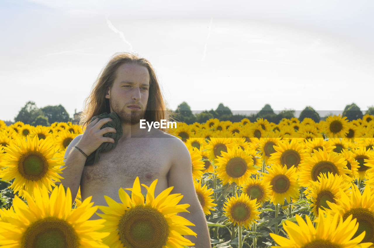 Thoughtful shirtless man wiping himself from towel while standing amidst sunflowers