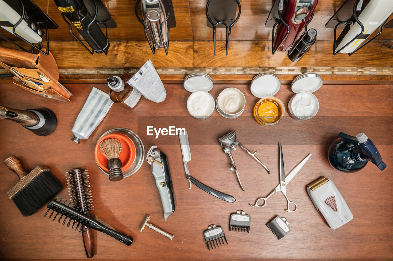 high angle view of work tools on table