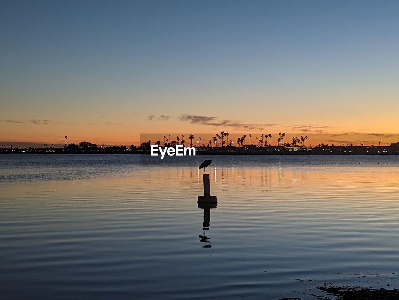 Rear view of woman standing in lake against sky during sunset