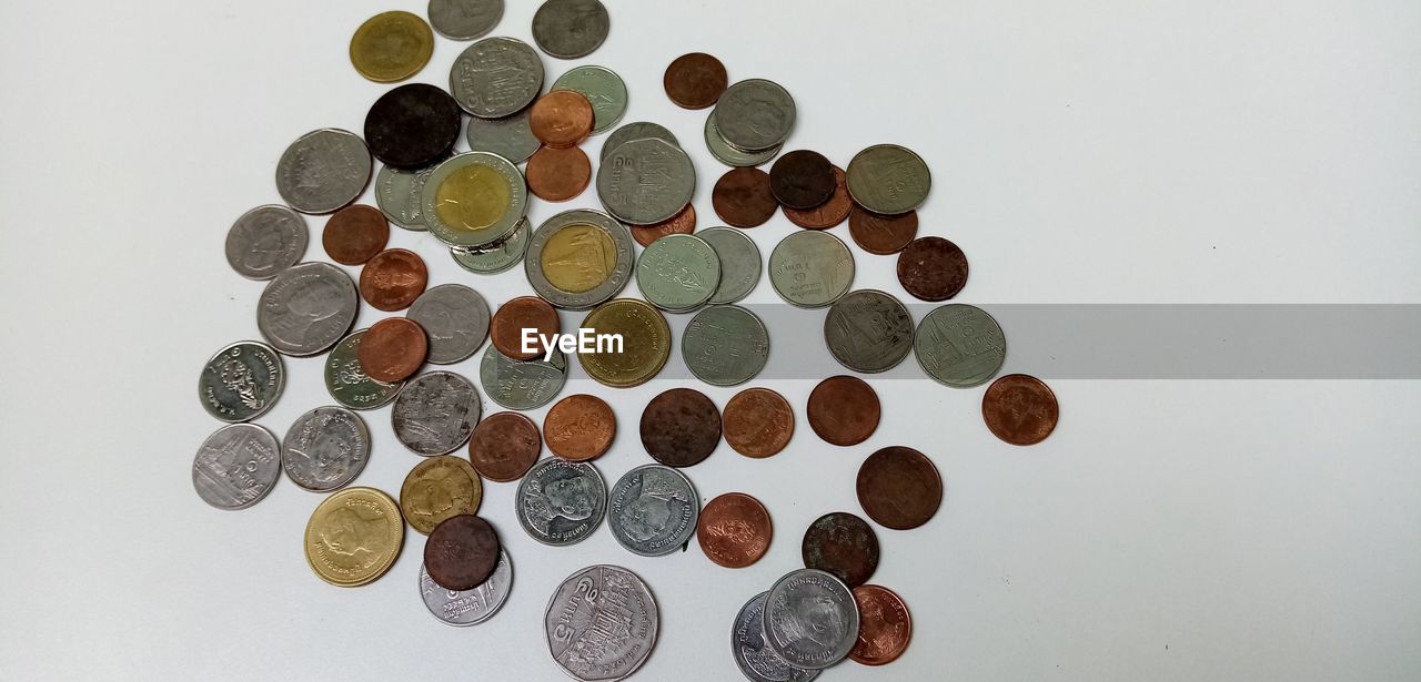 HIGH ANGLE VIEW OF COIN ON TABLE