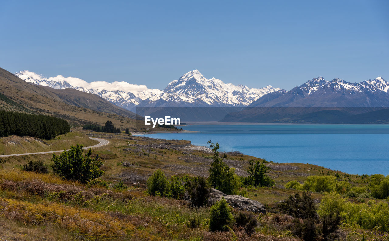 Scenic view of snowcapped mountains and lake against sky