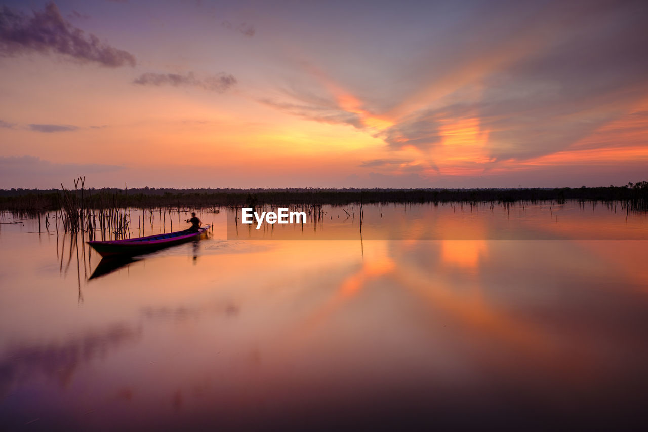 Scenic view of lake against sky during sunset