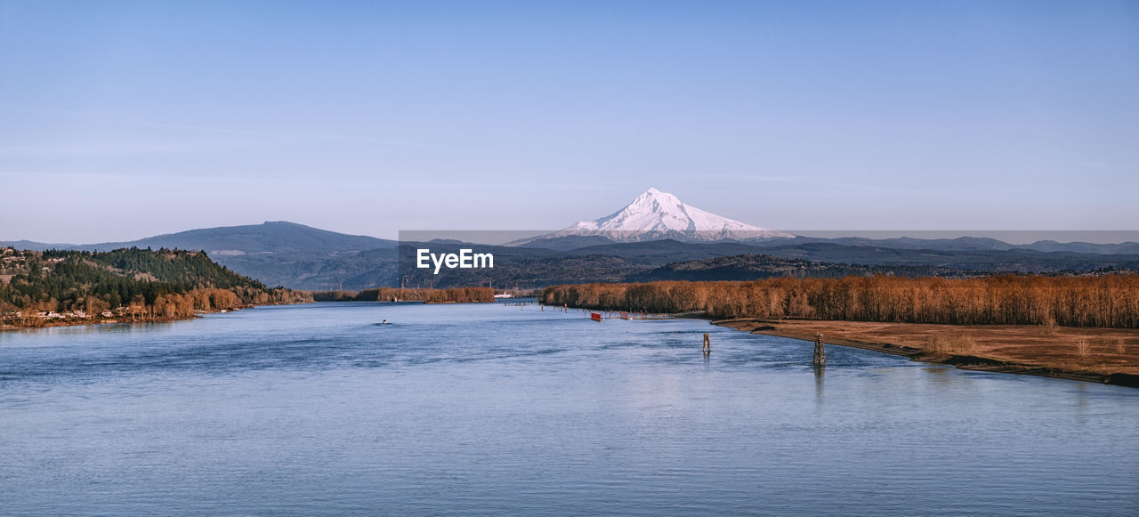 Scenic view of lake by snowcapped mountains against sky