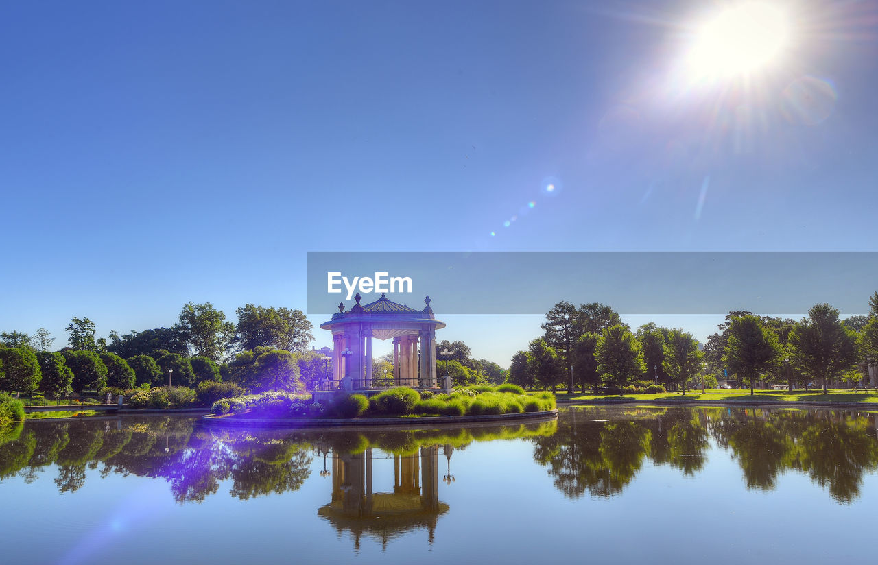 Scenic view of lake by building against sky