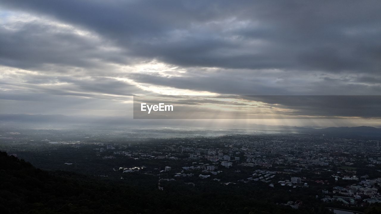 High angle view of buildings against sky