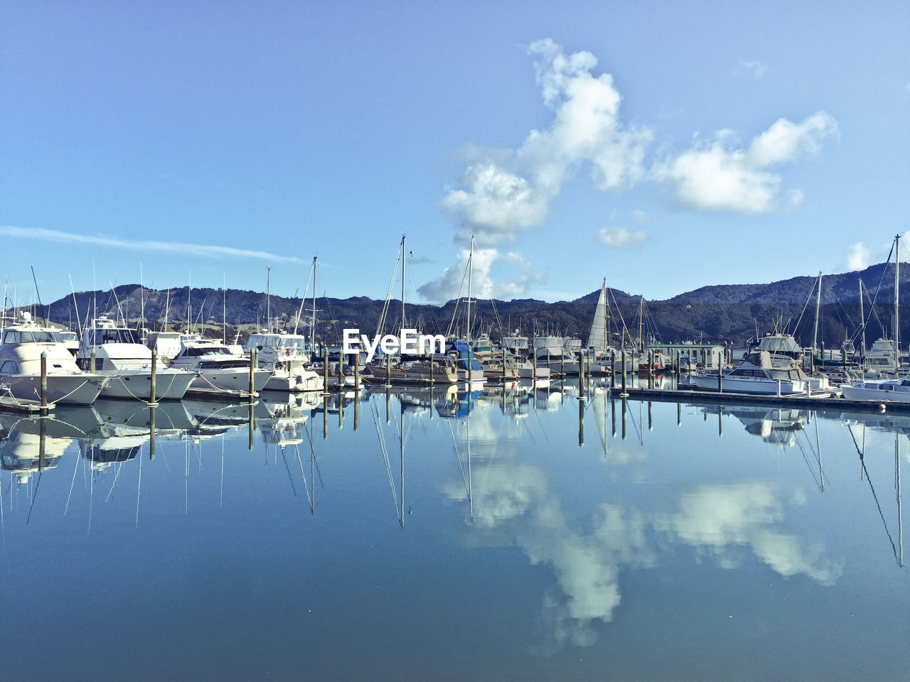 Boats moored at harbor against blue sky