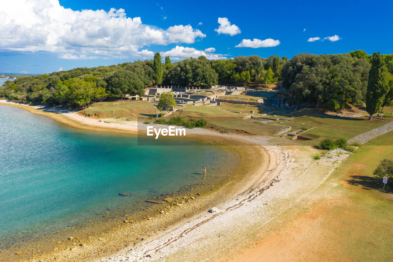 Aerial view of the verige bay with the ruins of roman villa in brijuni national park