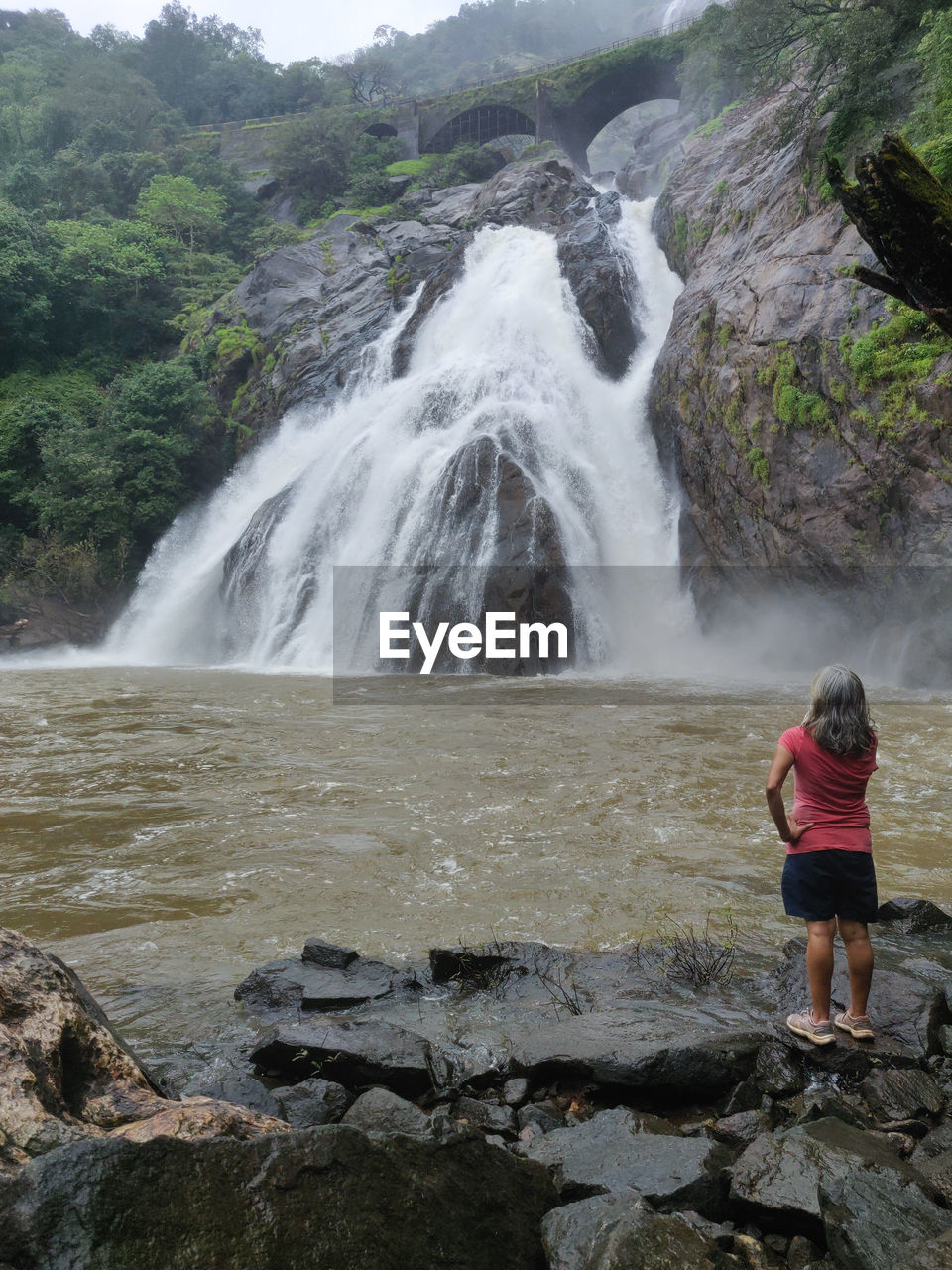 Rear view of woman looking at waterfall