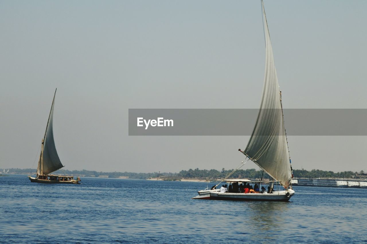 Sailboat sailing on sea against clear sky