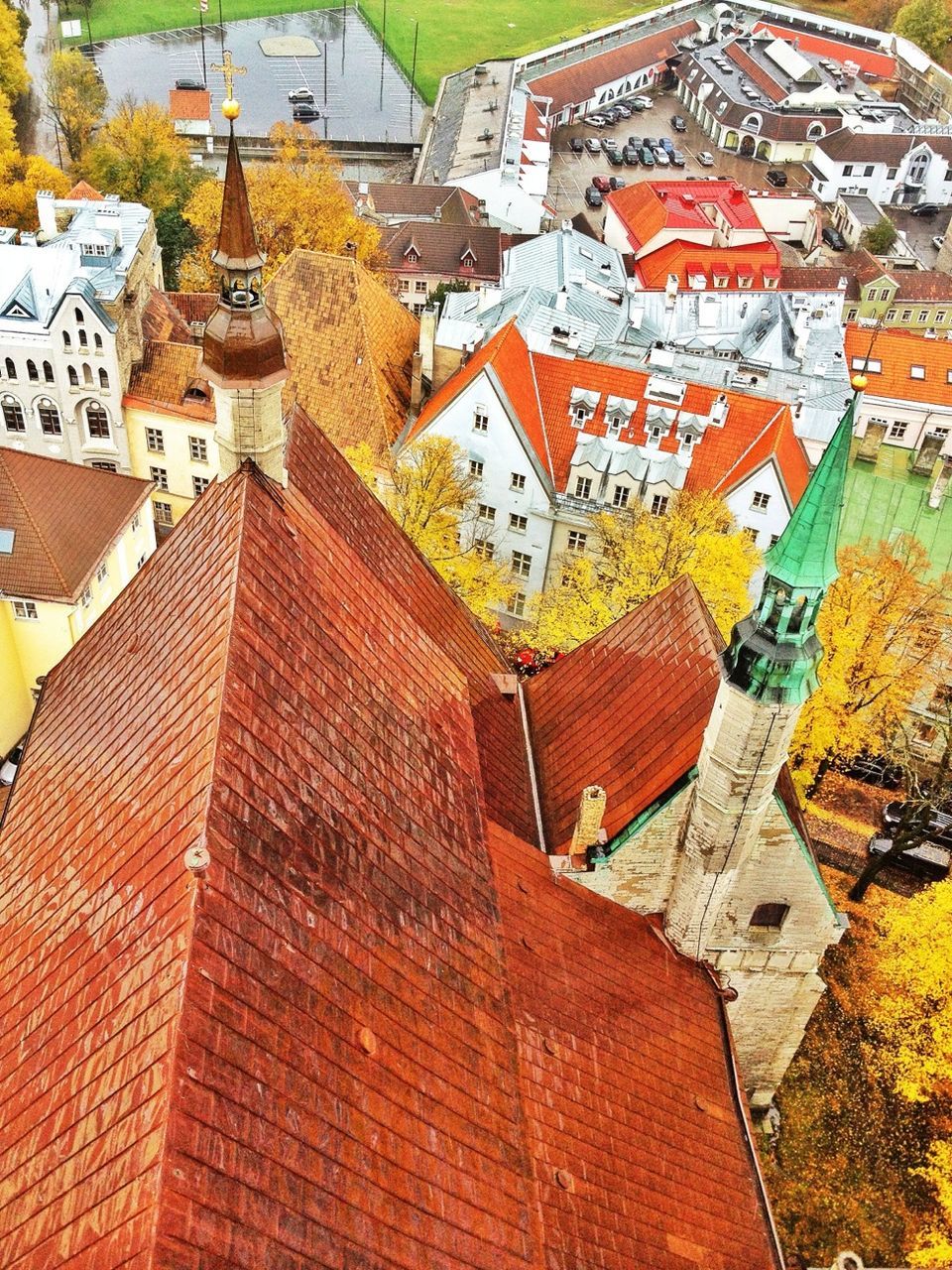 High angle view of buildings in town