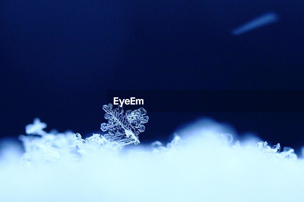 Close-up of snowflakes against blue sky