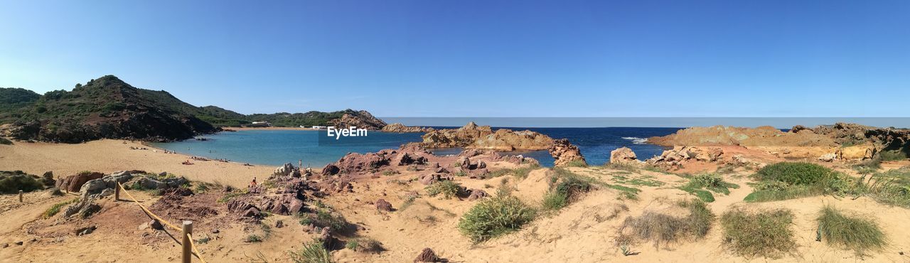 Panoramic shot of sea against clear blue sky