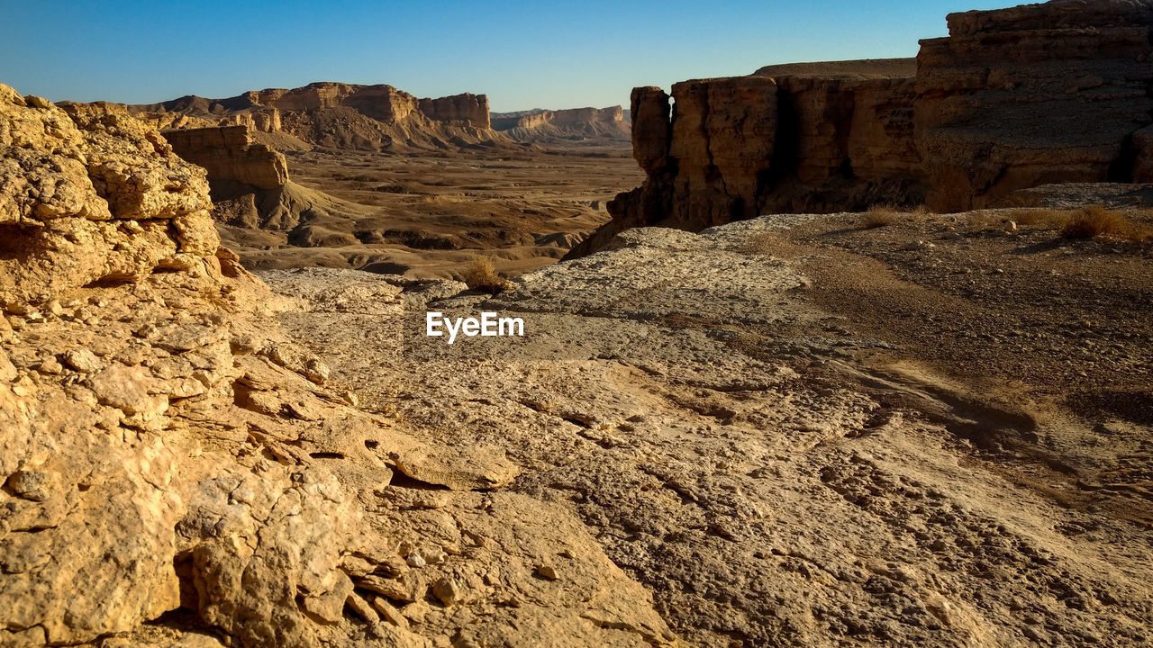 Rock formations on landscape against clear sky