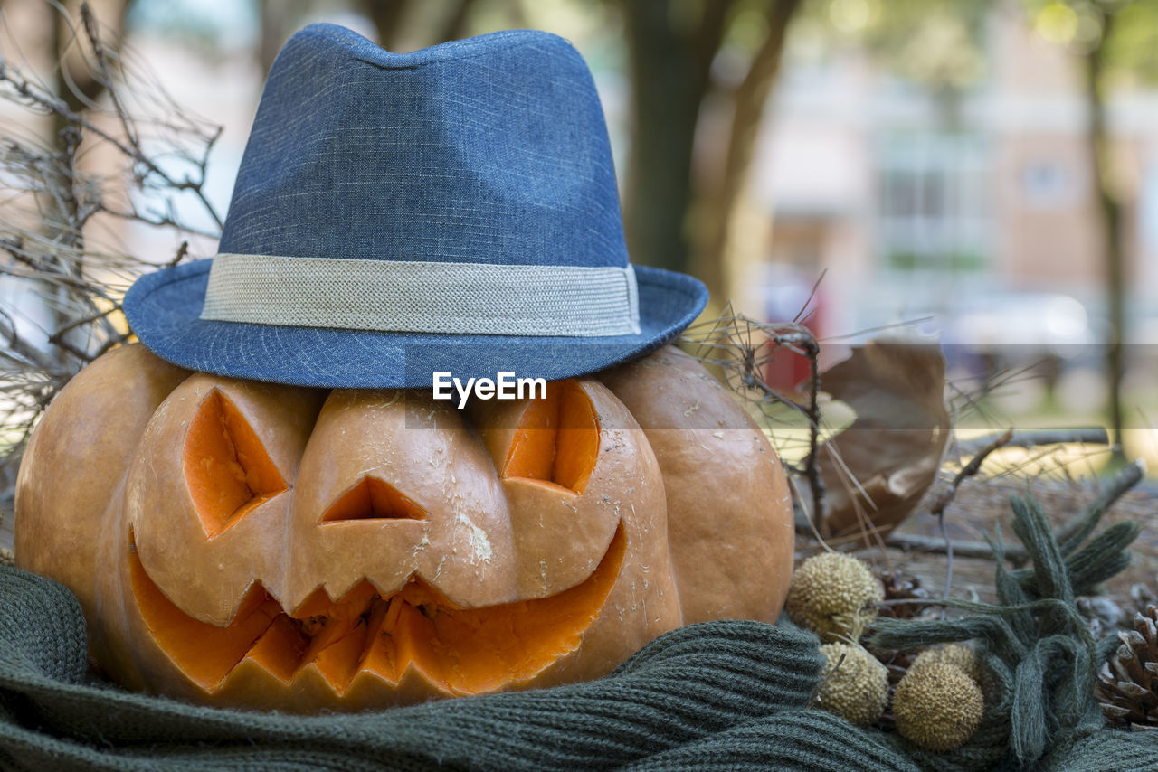 Close-up of pumpkin on table during halloween