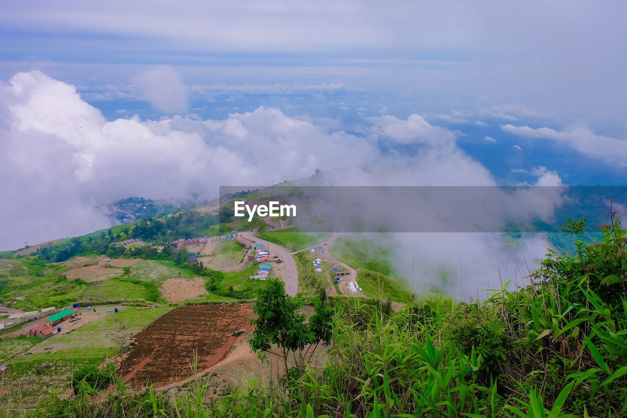 AERIAL VIEW OF AGRICULTURAL LANDSCAPE AGAINST SKY
