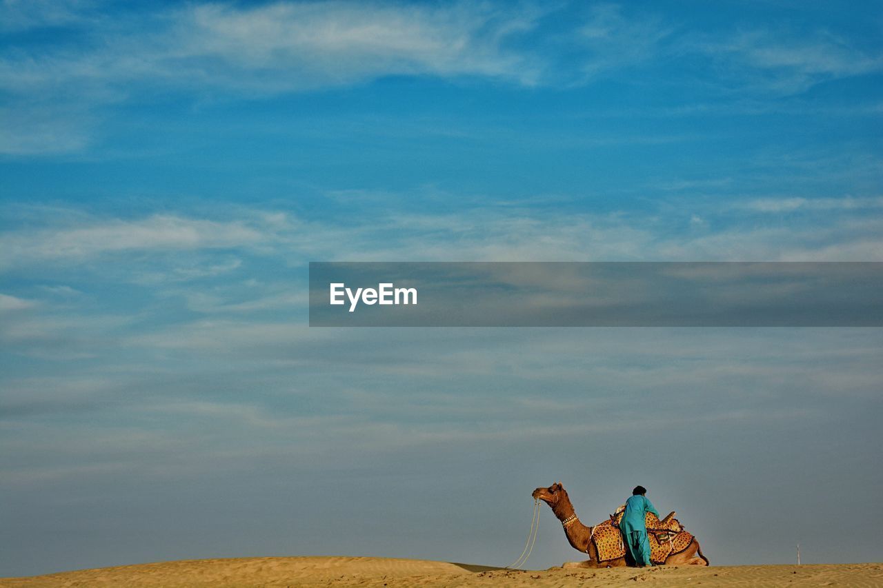 Camel with driver against cloudy sky at desert