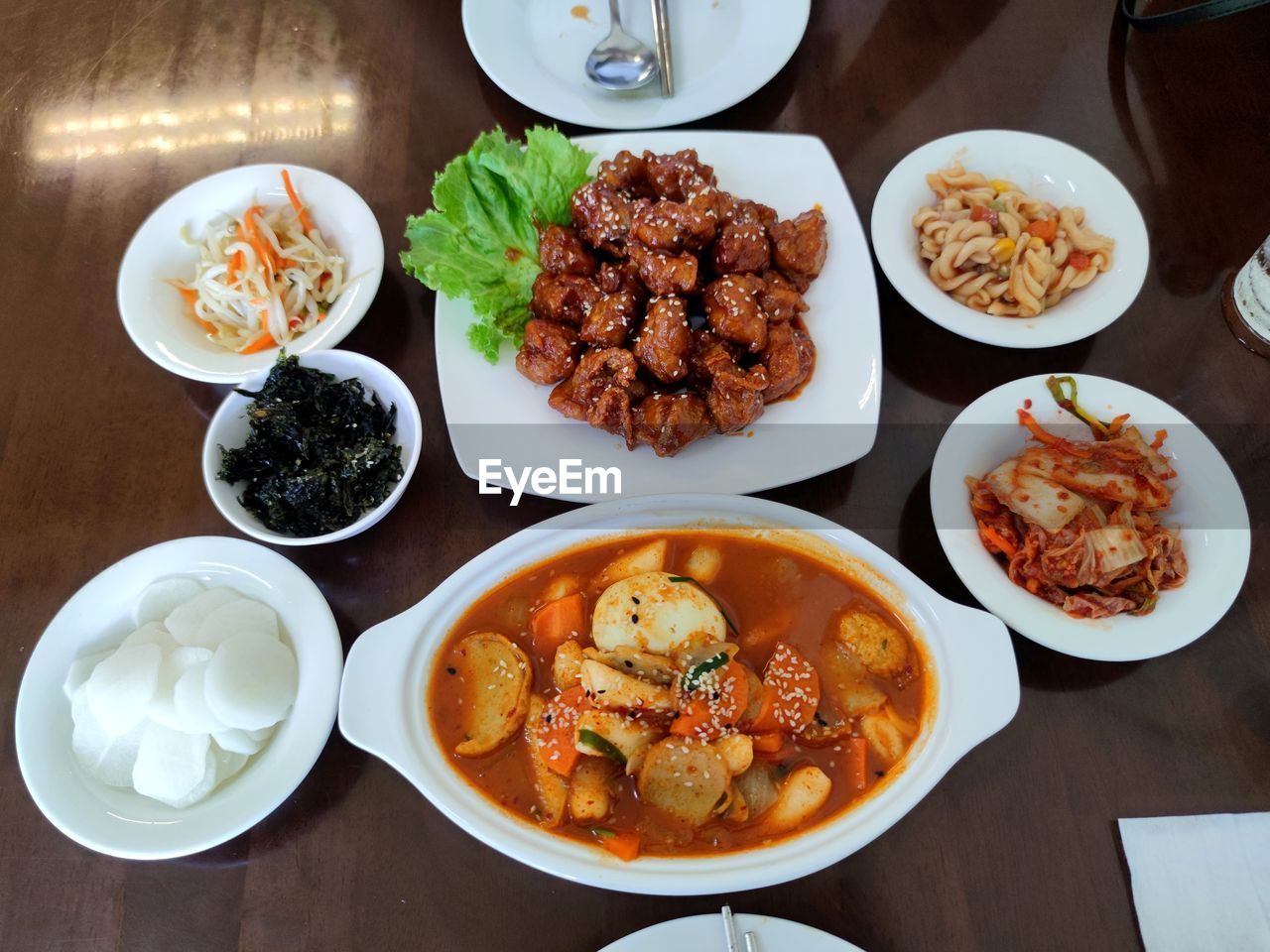 High angle view of meal served on table