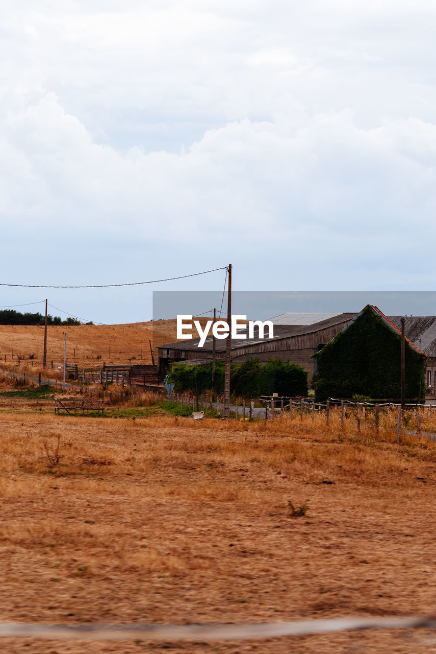 cloud, rural area, sky, soil, built structure, architecture, landscape, nature, building exterior, field, no people, land, building, day, house, agriculture, environment, outdoors, fence, rural scene, farm