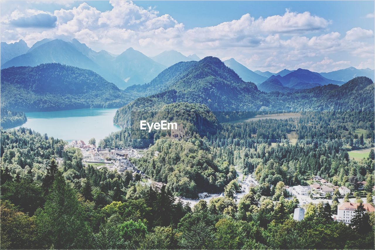 High angle view of townscape against mountains