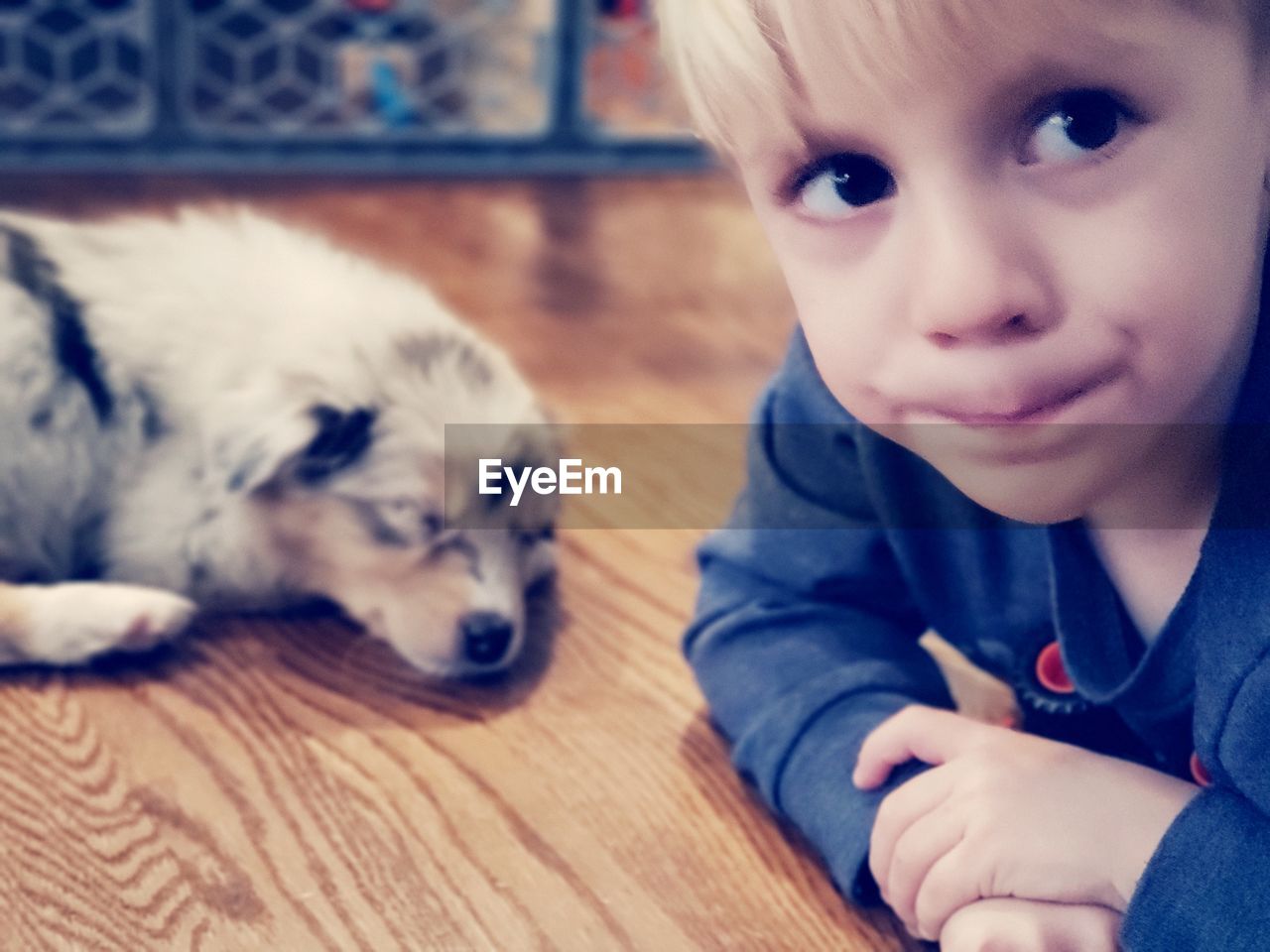 PORTRAIT OF CUTE BOY WITH DOG ON FLOOR AT HOME