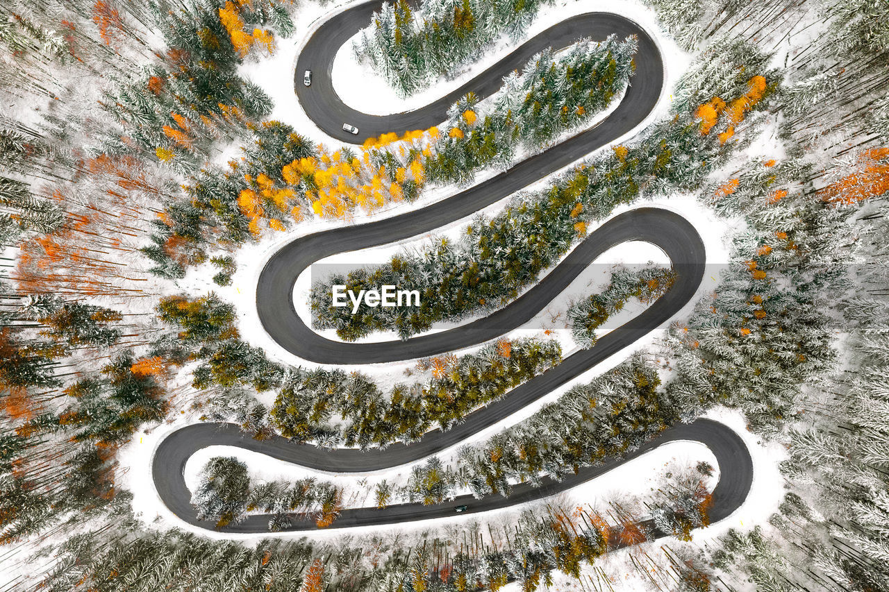 Aerial view of cars on winding road in winter forest