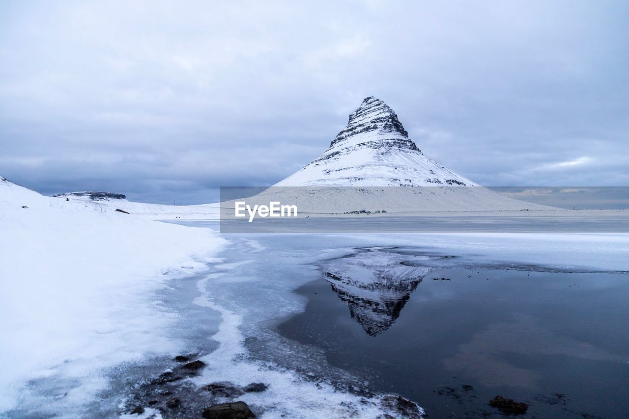 Aerial view of snowcapped mountain against sky