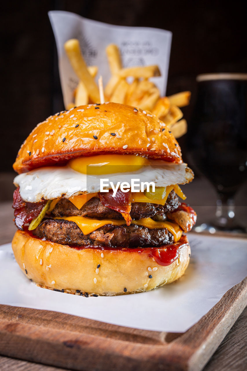 Close-up of burger on table