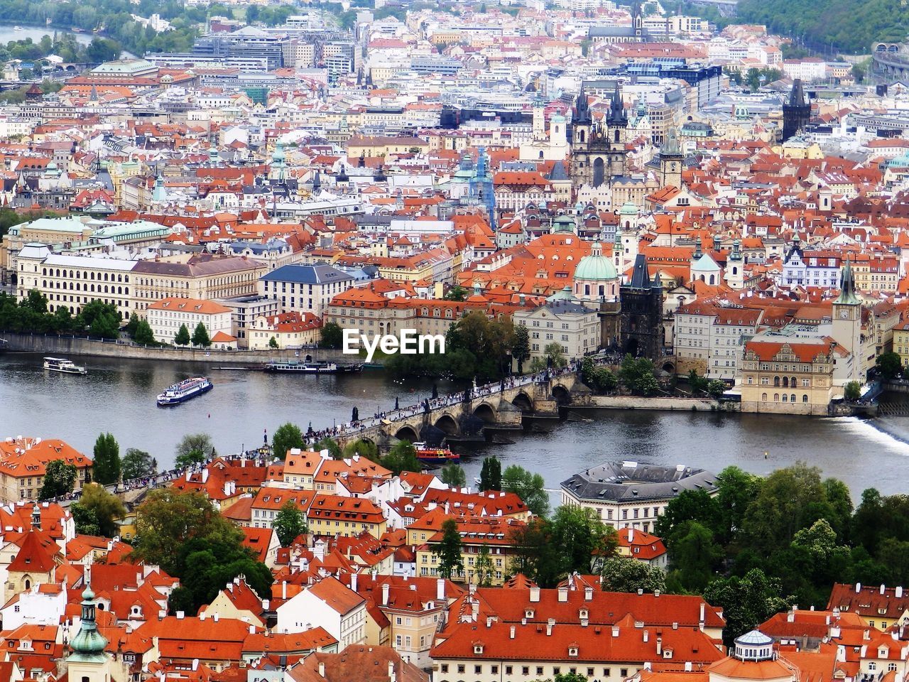 High angle view of charles bridge over river in city