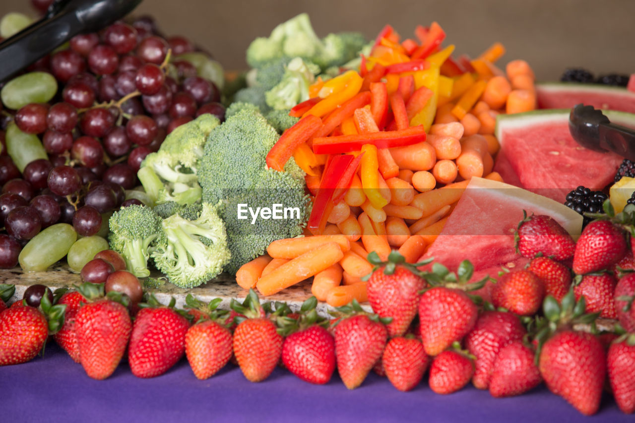 Close-up of various fruits and vegetables for sale