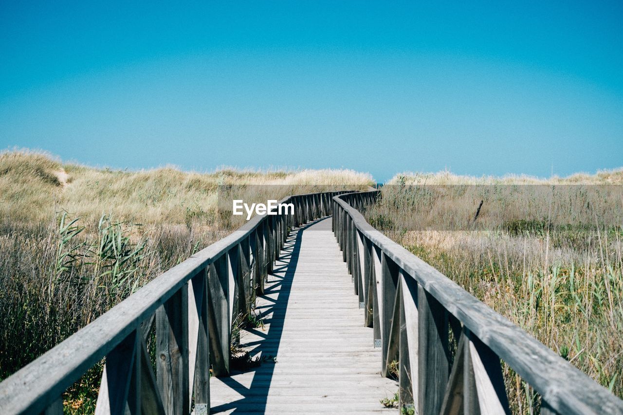 Boardwalk on grassy field against clear blue sky