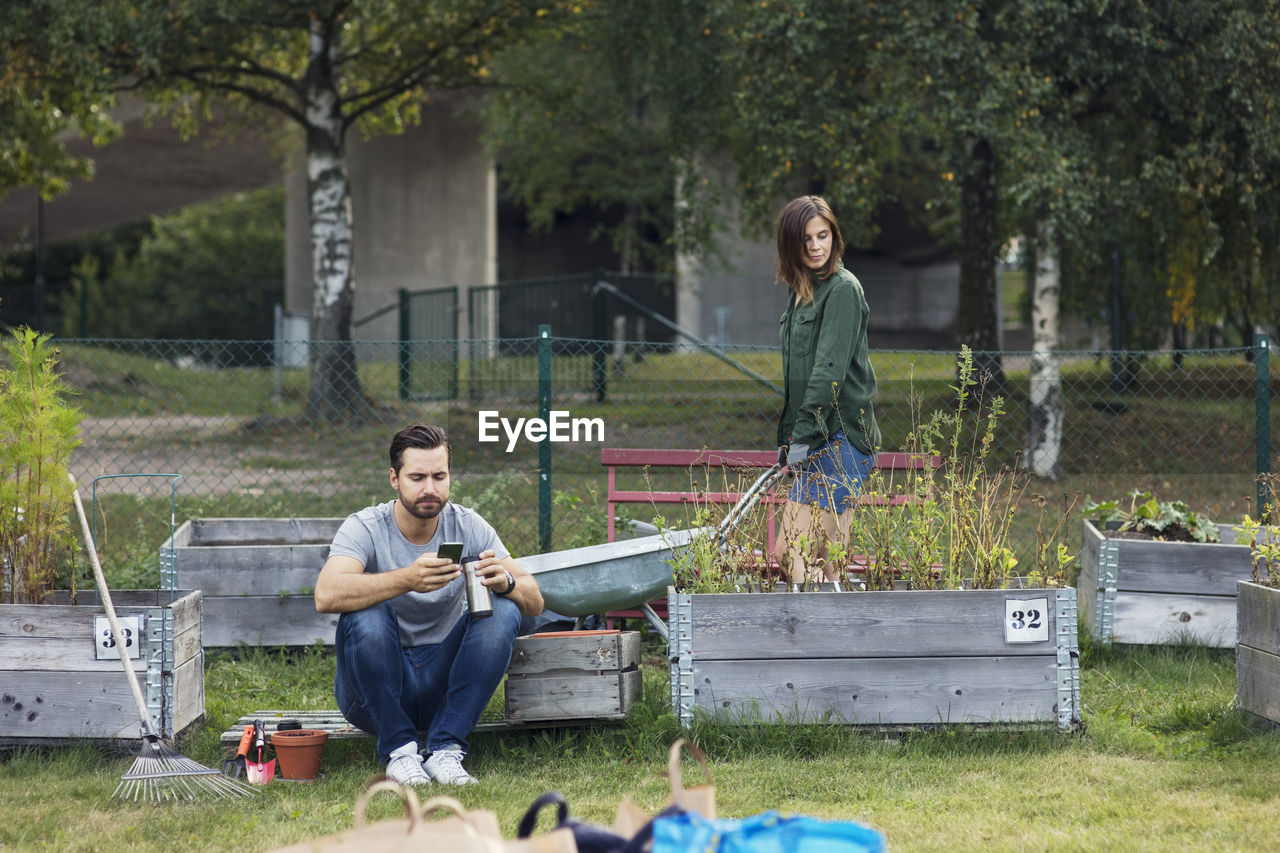 Mid adult man using mobile phone while woman working in urban garden