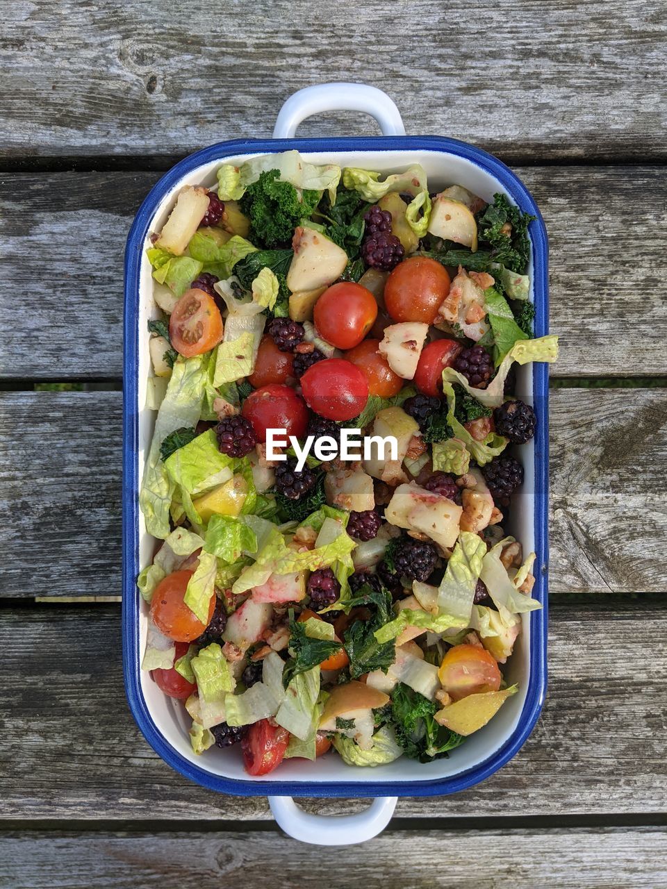 Tomato, blackberry and apple salad in an enamel dish. on a picnic table.