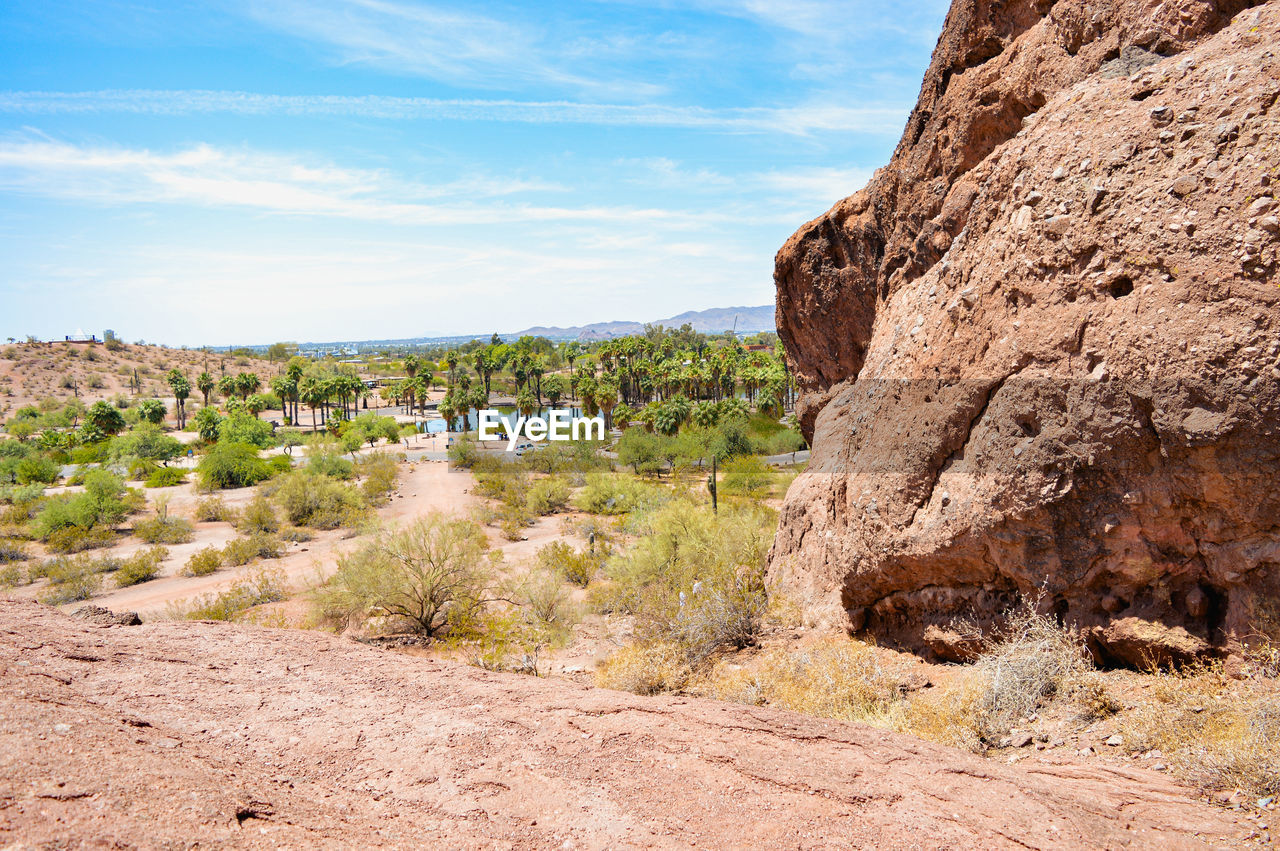 View of papago park in phoenix, arizona from the mountain of the hole in the rock